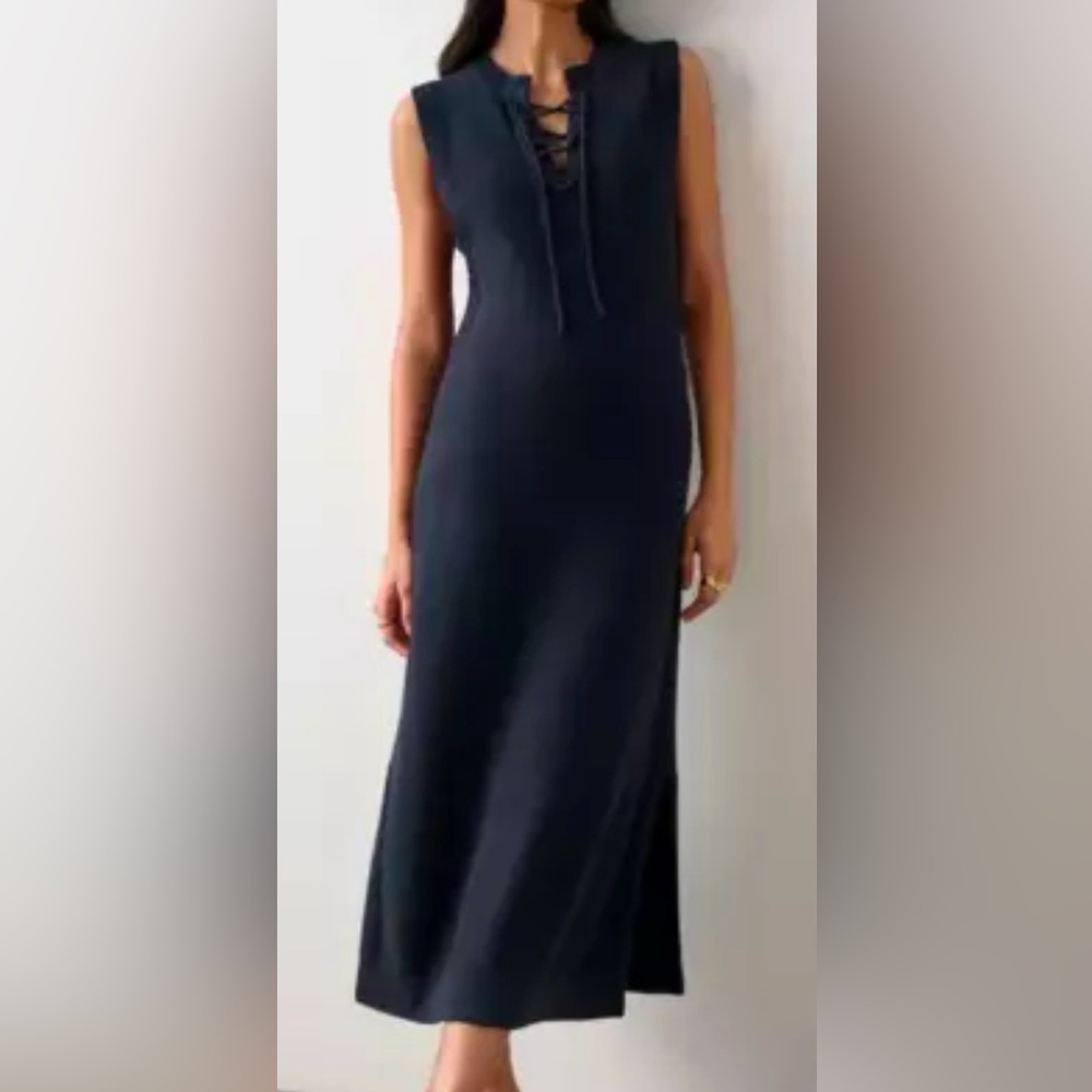 White + Warren Navy Blue Linen Blend Chainette Sweater Dress Midi Maxi size L
